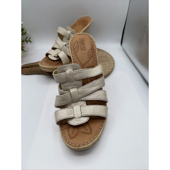 Born Sandals Tan Leather Woven Wedge Block Heel Slip-on Cross Strap Women Sz 9 - Picture 6 of 13